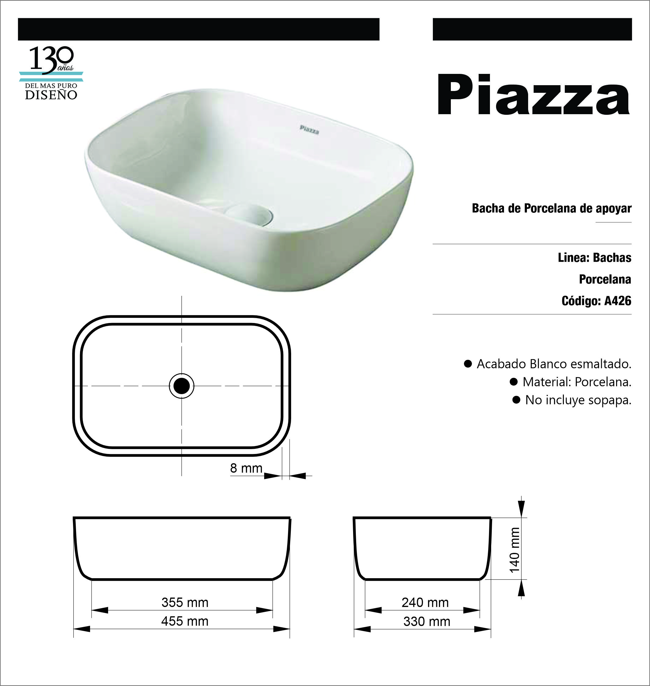 PIAZZA LAVATORIO APOYO 45.5X32 RECTANG