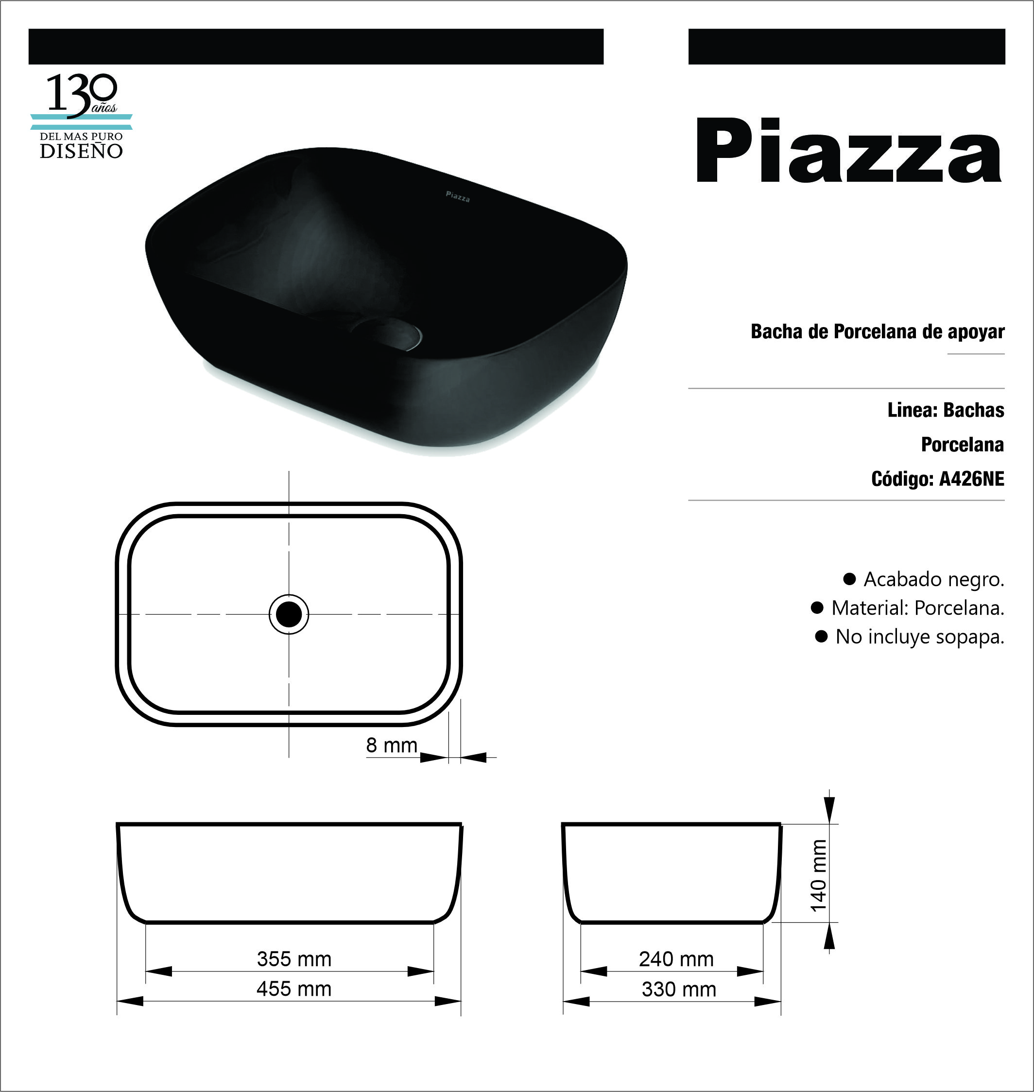 PIAZZA LAVATORIO APOYO 45.5X32 NEG-RECTA