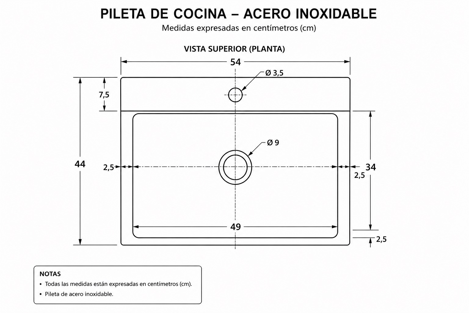 PILETA SIMPLE COCINA RECTA 54X44X22 NEGRO