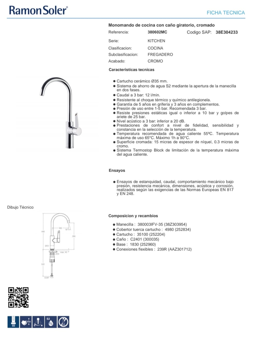 RAMON SOLER GRIFO COCINA VERTICAL 3806S2