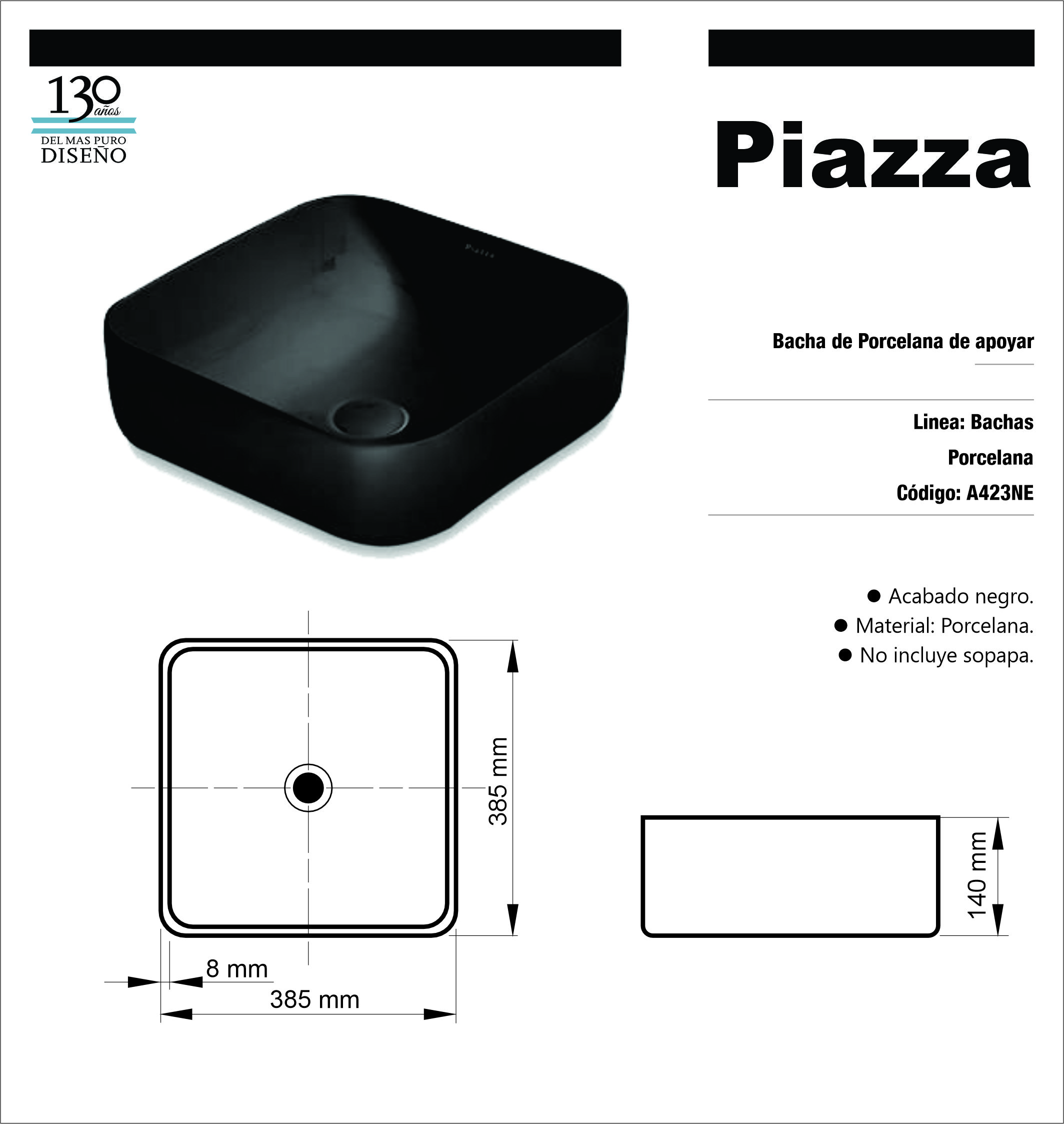 PIAZZA LAVATORIO APOYO 38.5X38.5 NEG-CUA